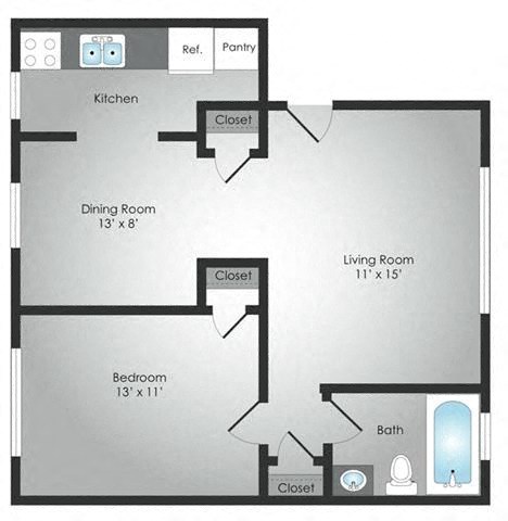 Floor plan for 1 bed, 1 bath, 663 sqft